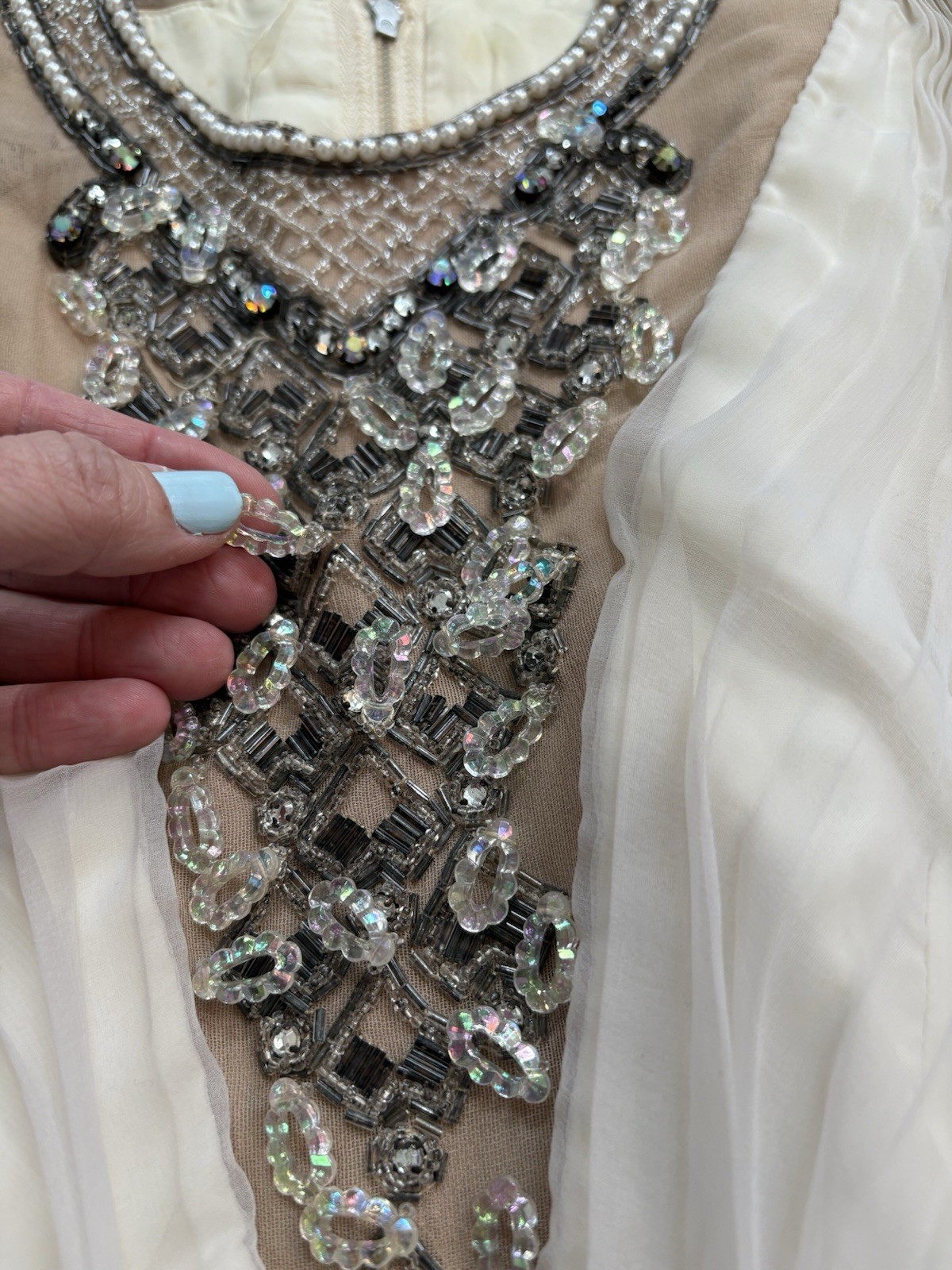Vintage 60s Jack Bryan Ivory Beaded Pleated Ruffle Cocktail Dress Gatsby S/M