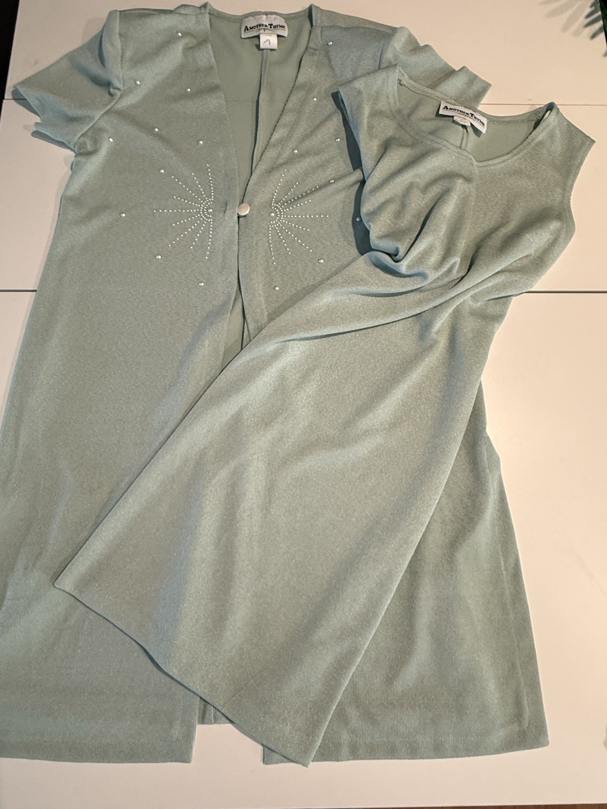 2 Piece Vintage Another Thyme Green Dress/Cardigan Women’s 14 Petite USA Made