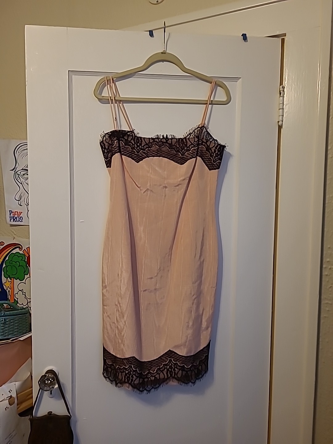Vintage Dusty Rose Pink Slip Taffeta Dress Black Lace Trim Straps Kathlin Argiro