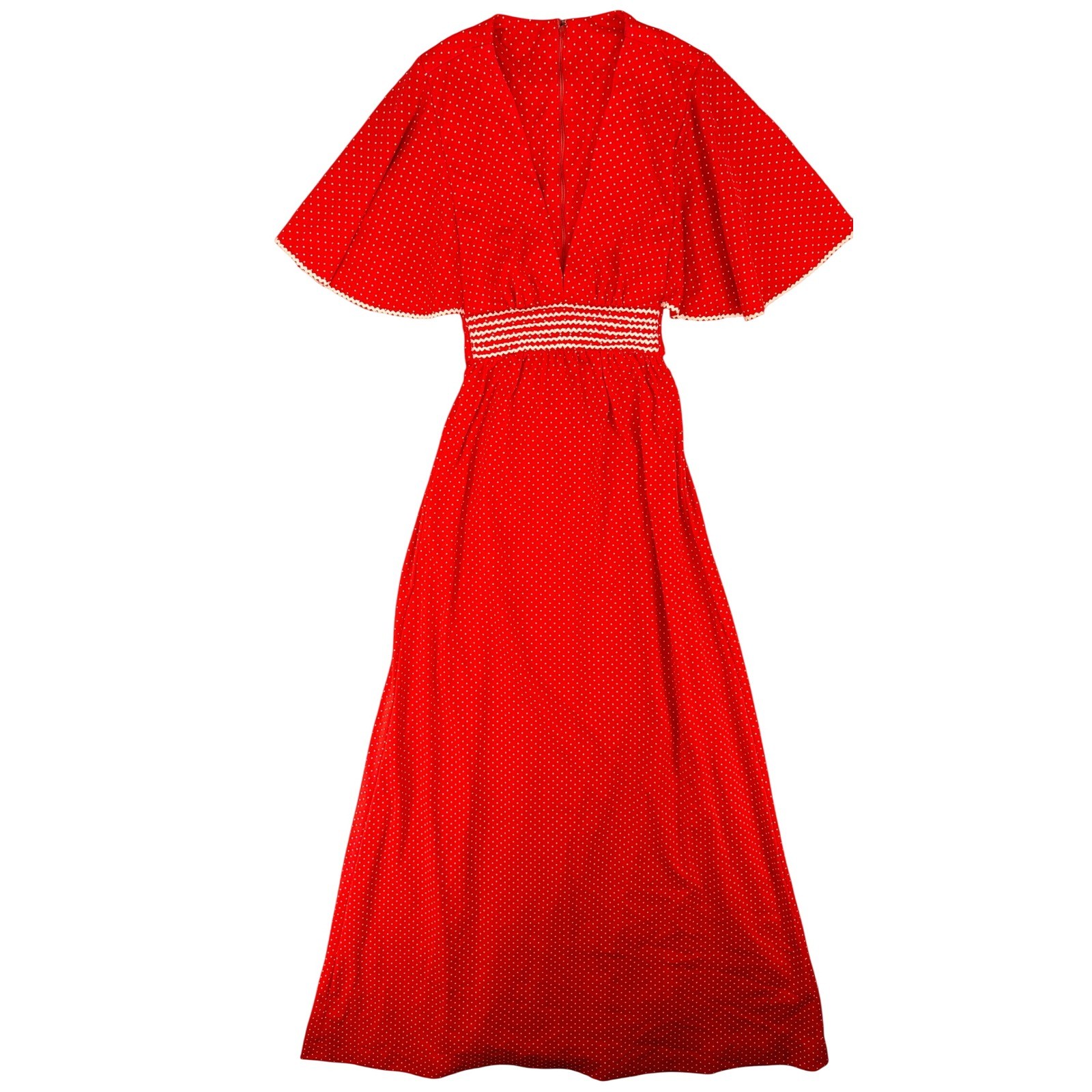 Vintage 70s ILGWU Red Polka Dot Flutter Sleeve Maxi Dress Rick Rack Trim Small S