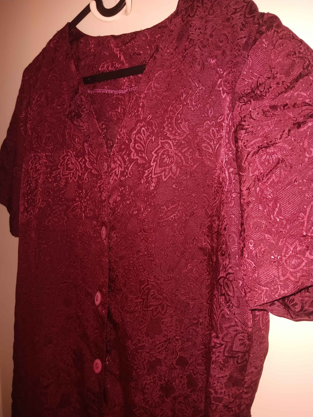 Dark Red 80s Button Up Dress – Floral Pattern With Short Sleeves