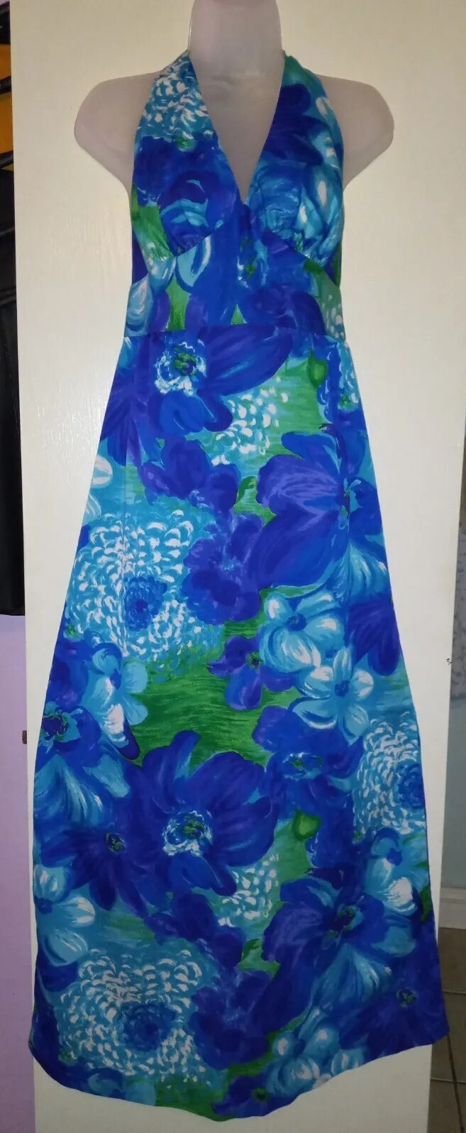 Vintage 60s Hale Aloha Tiki Oasis Hawaiian Blue Floral Barkcloth Halter Dress XS
