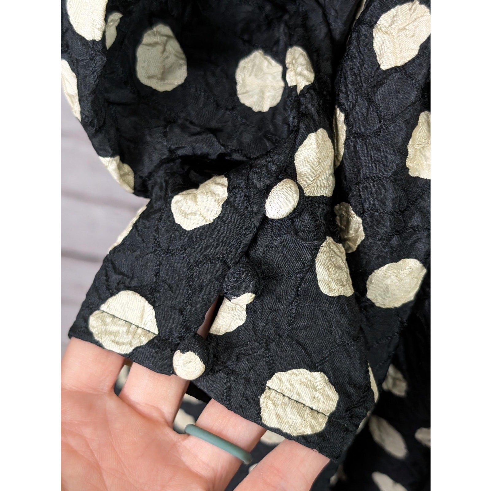 Silk Dress Black Ecru Polka Dot Bubble Hem 80’s Long Sleeve Shoulder Pads Medium