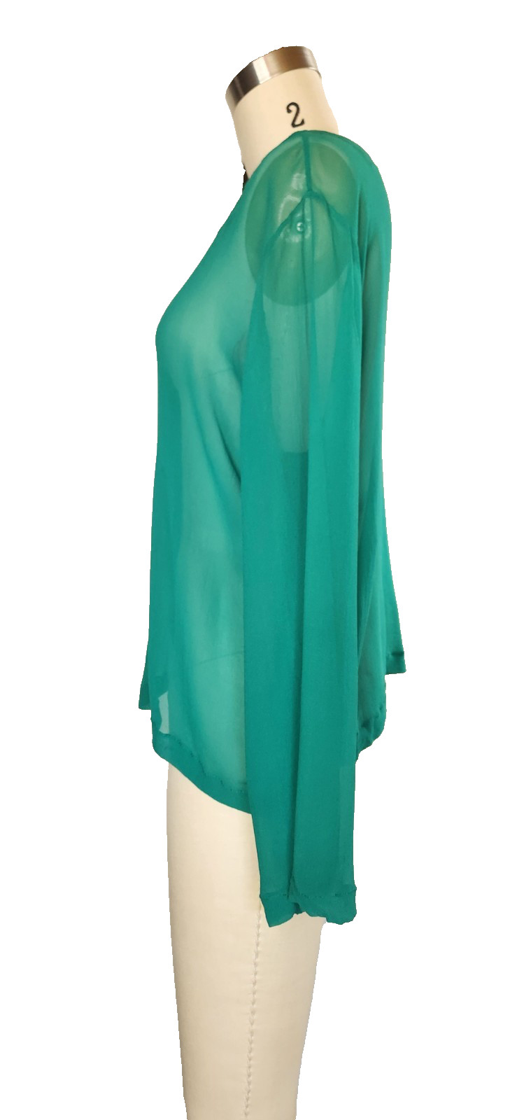 VTG 80s OMO Norma Kamali Green SILK Blouse Top Long Sleeves Sheer Oversized L