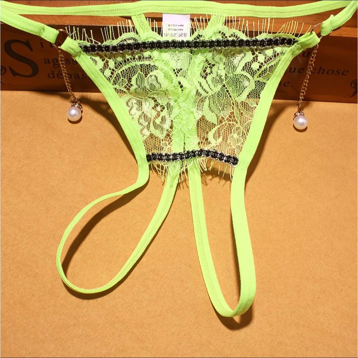 Neon Green Low Rise Sheer Floral Lace Thong w/ Pearl Pendant Sexy Panties