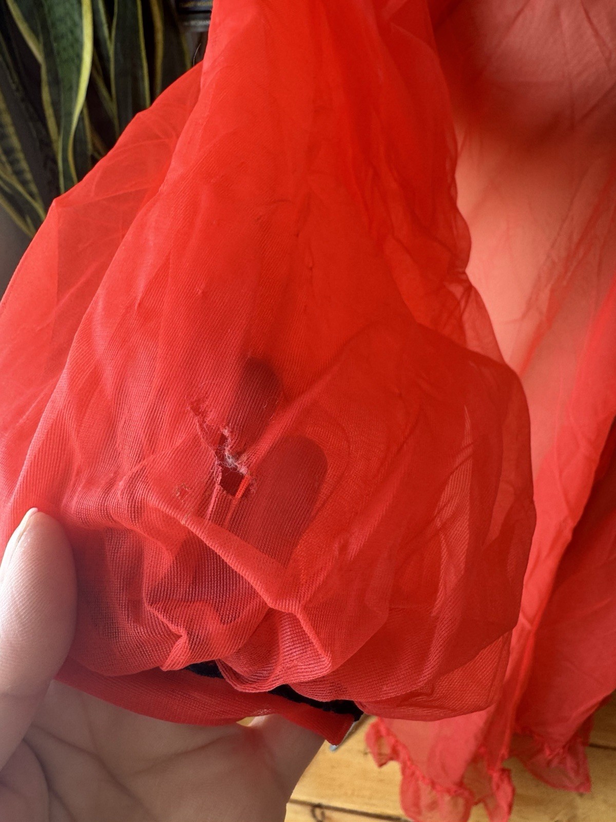 VTG 50s Sheer Red Peignoir Robe Balloon Sleeves Tie Black Trim Medium Boudoir