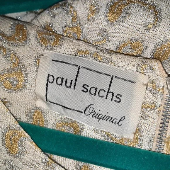 Vintage 1960’s dress Paul Sachs gold 30″ waist semi colon print