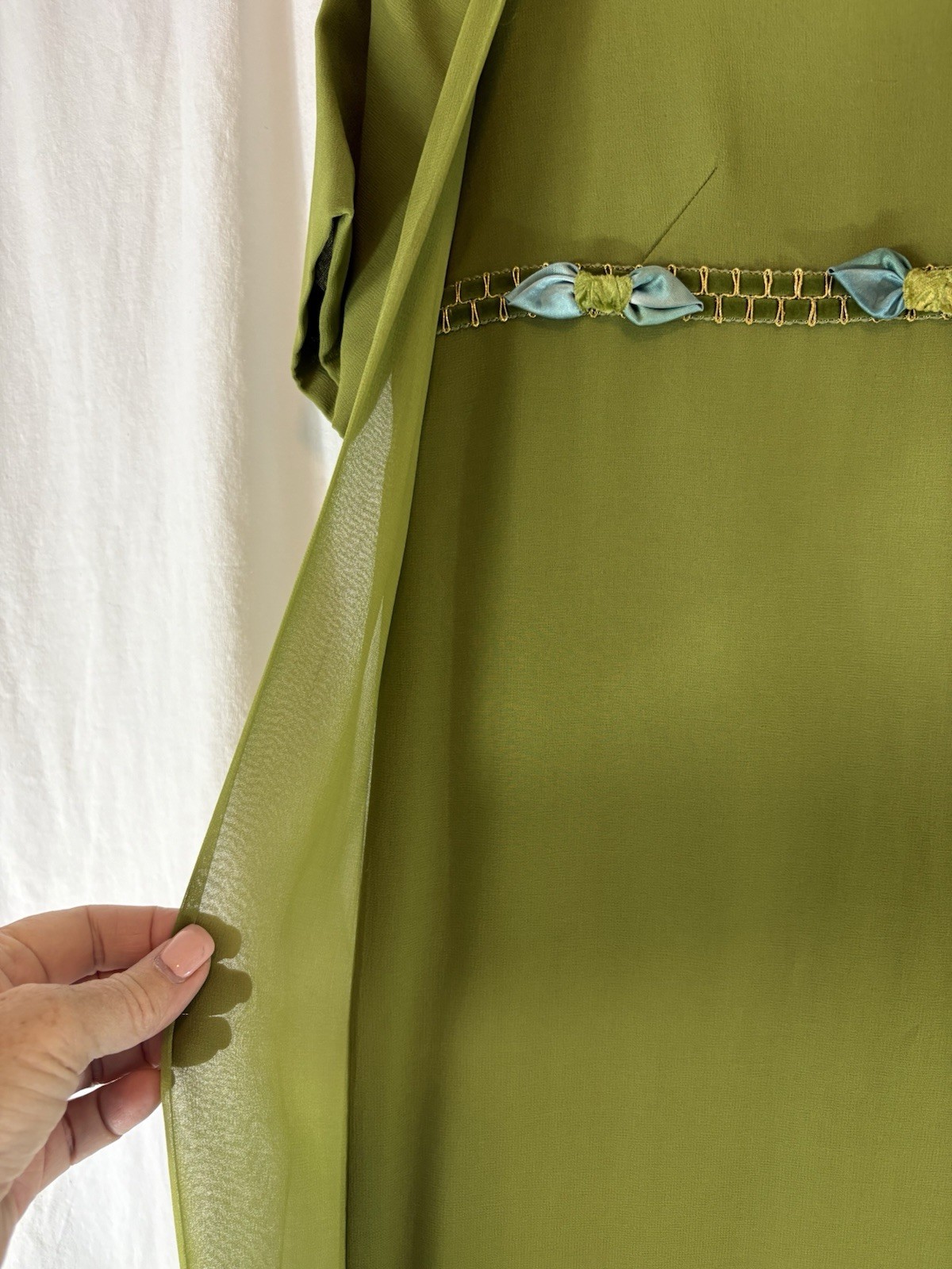 Vintage Chiffon Olive Green Empire Waist Dress With Ribbon Accents *READ