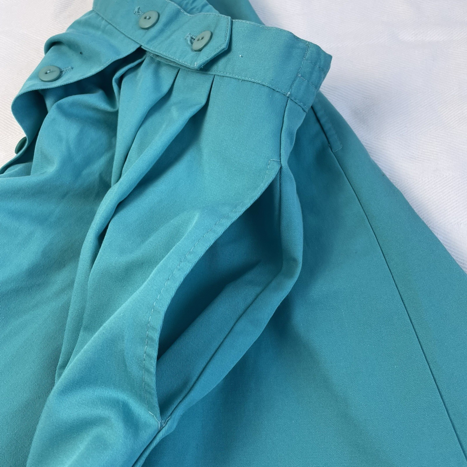 Vintage 80s XS Teal Button Front Midi Skirt High Rise A-Line Turquoise Preppy