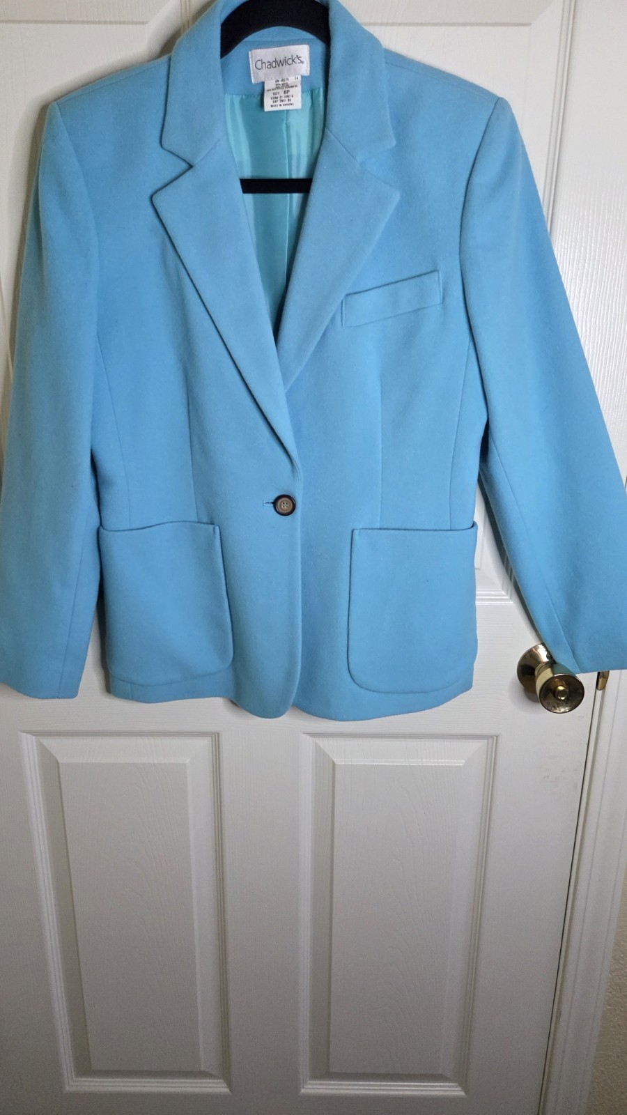 Vtg Chadwicks 6P Sky Blue WOOL CASHMERE Blend Pockets 1Button Lined Women Blazer