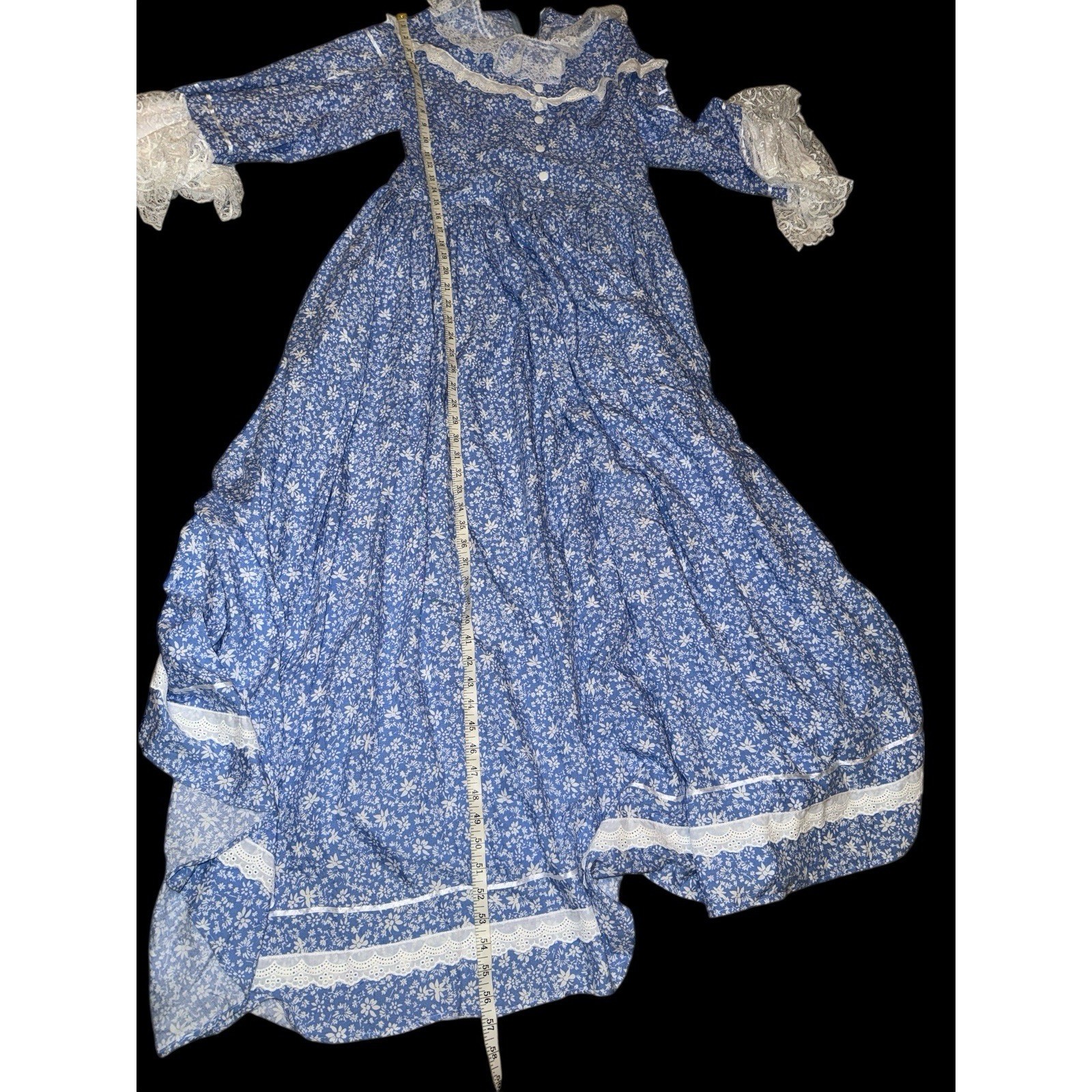 Prairie Style Maxi Dress Women’s L Blue Floral Lace Romantic Victorian Revival