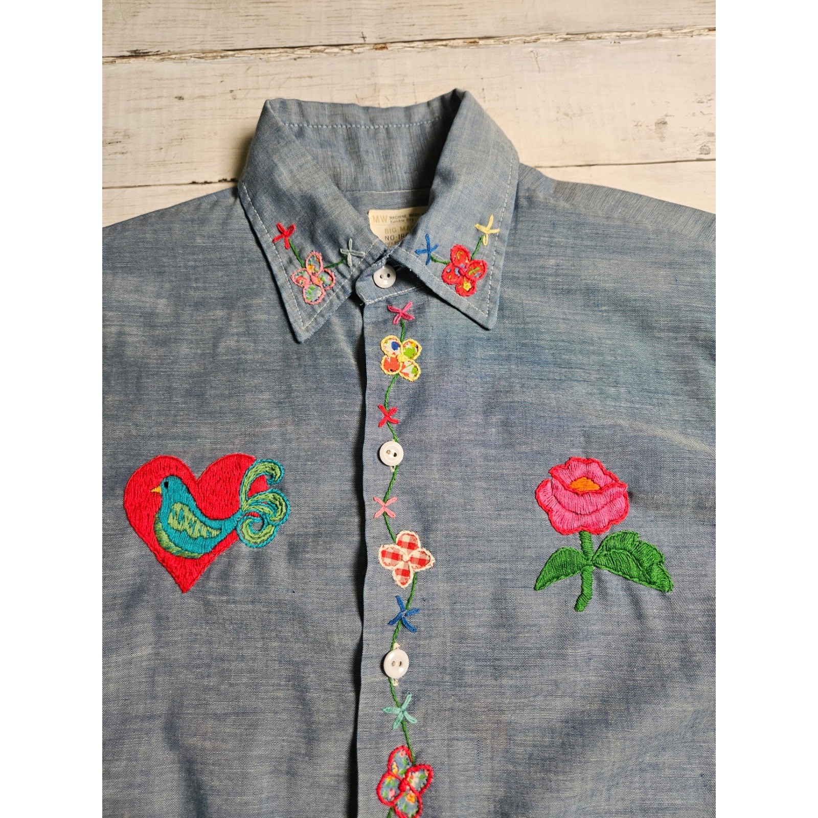 Vintage Big Mac JCPenney Hand Embroidered Chambray Shirt Blue Floral Bird S/M