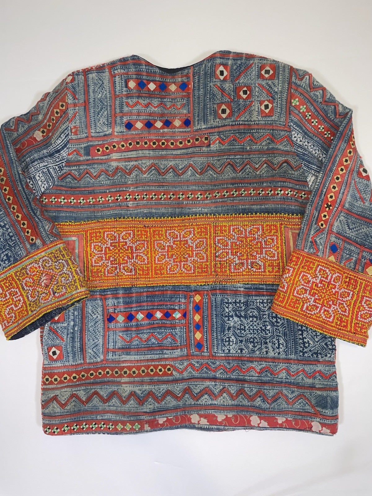 Vintage Hmong Style Embroidered Jacket Boho Ethnic Artisan Indigo Print XL