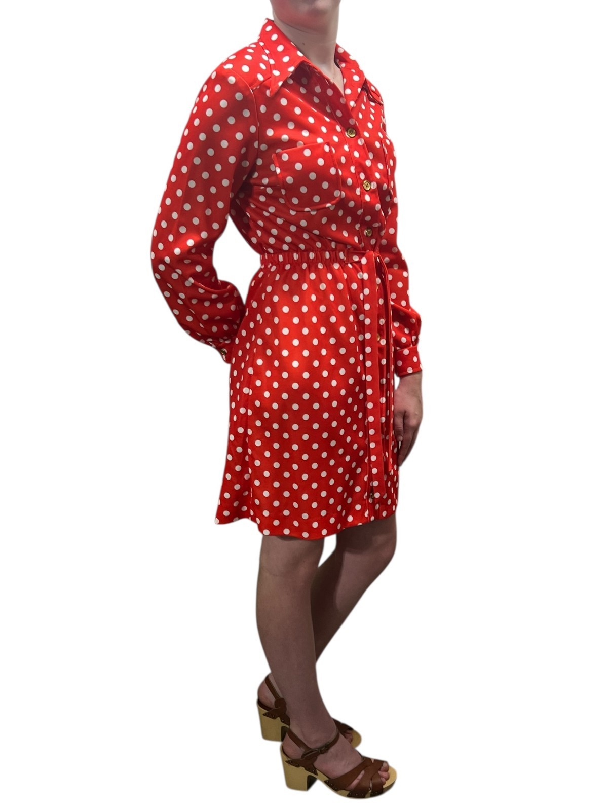 M Vtg 70s Red Polka Dot Knit Shirt Dress Neiman Marcus MOD Big Collar Secretary