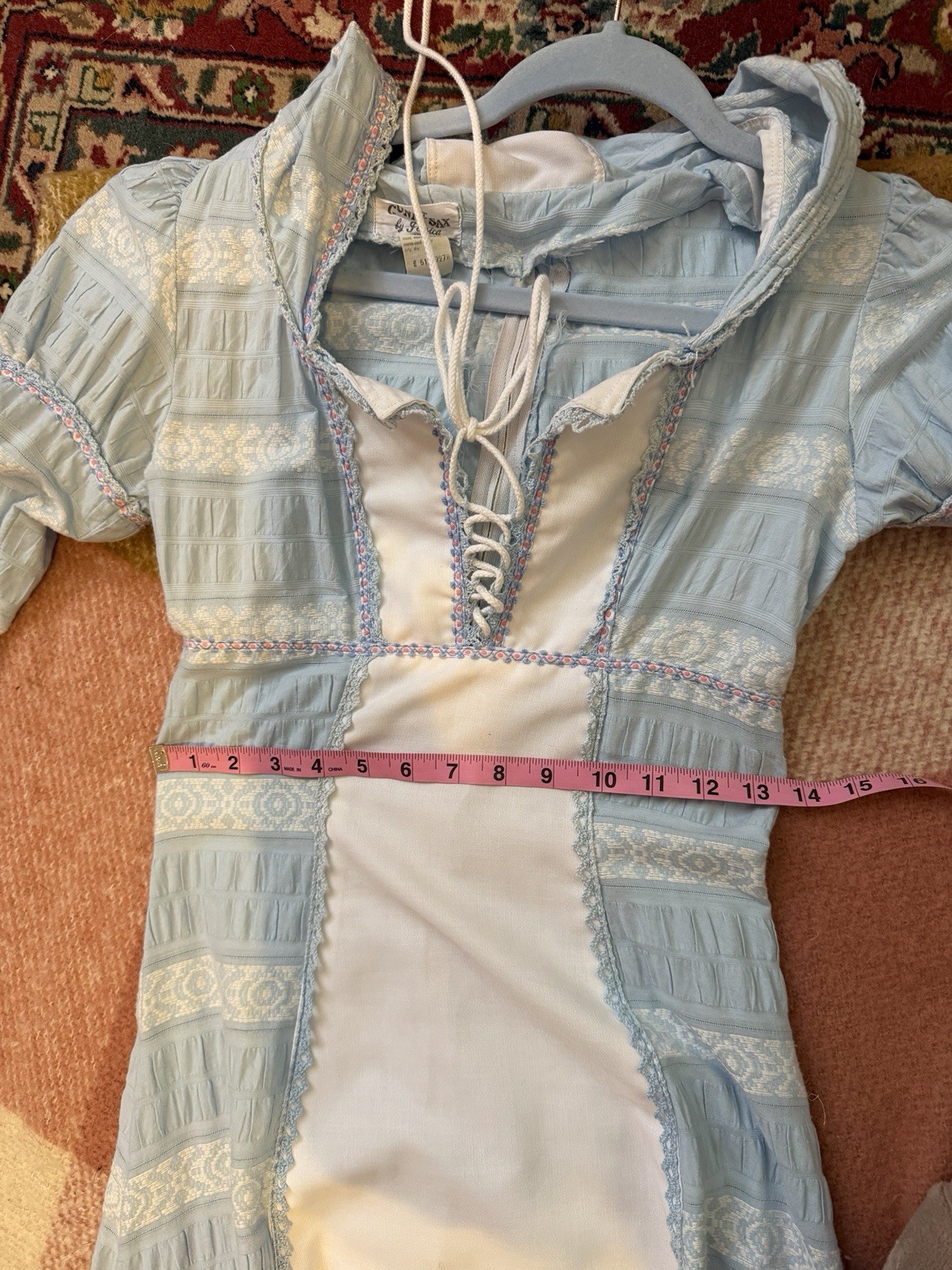Rare White Label Gunne Sax Blue and White Hood with Blue and Pink Trim, 7