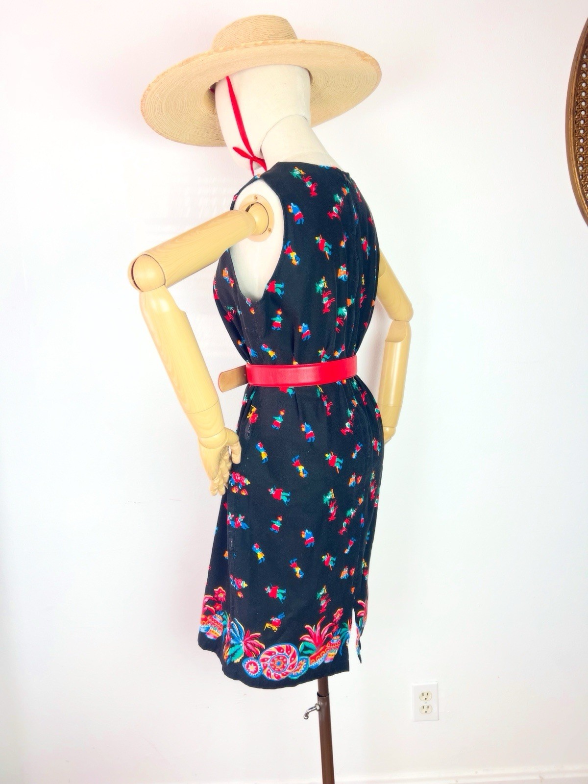 MEXICAN NOVELTY Print 60s 1960’s Vintage Black Cotton Shift Sundress Dress M 36b