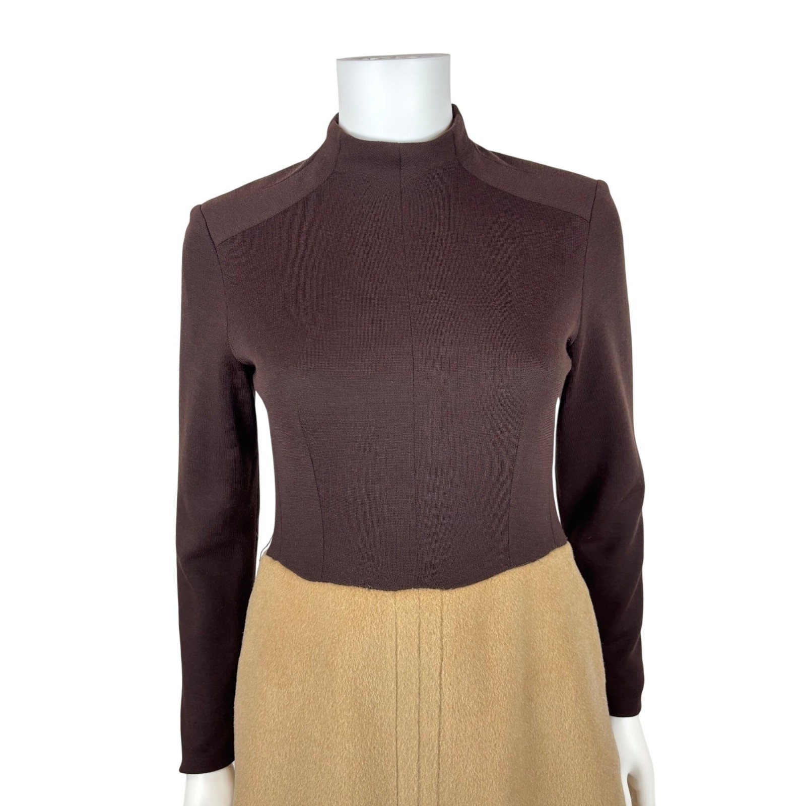 Vintage 60s Mod Dress Womens Small Wool Blend Brown Beige Knee Length Mockneck