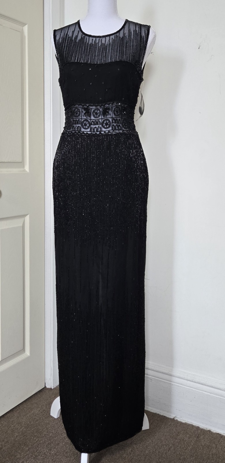 Vintage Papell Boutique Silk Black Beaded Max Dress with Slit size 6 hand made