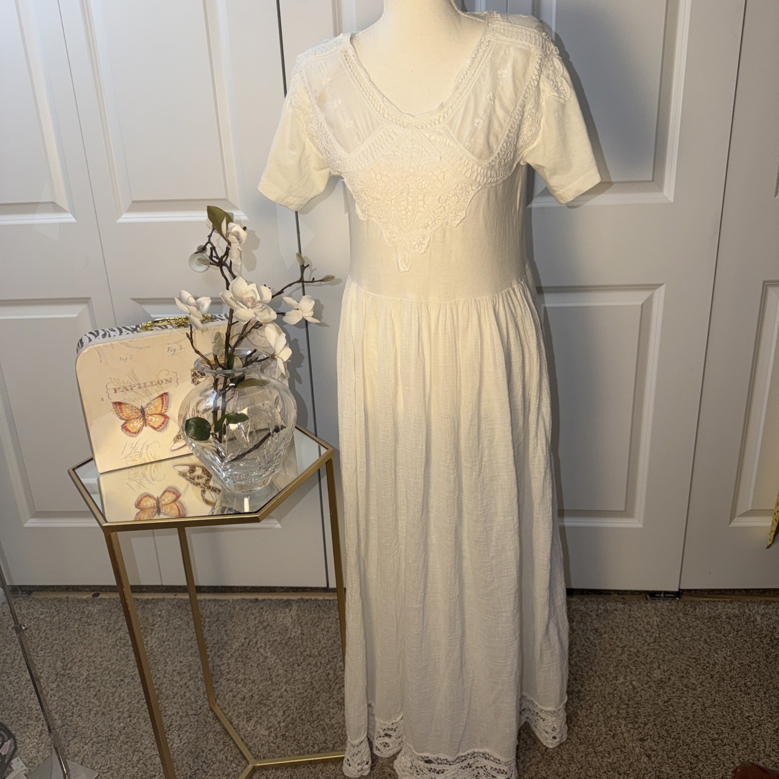 80’s Vtg Prairie Victorian Cottage Core Yolk Lace Maxi Dress Size Small USA S