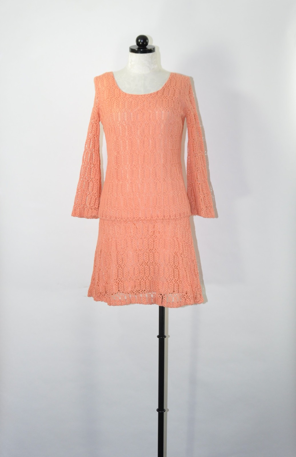 60s Vintage Orange Sorbet Crochet Knit Lace Dropped Waist Mini Dress Women S M