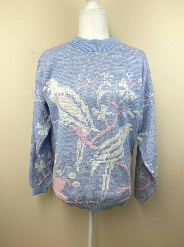 Glamour Knit S M Vintage Bird Sweater Pink Blue Sparkle Parakeet Parrot