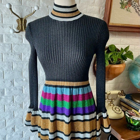 Vintage 1970s Italian Metallic Striped Colorblock Glitter Lurex Ribbed Knit Gown