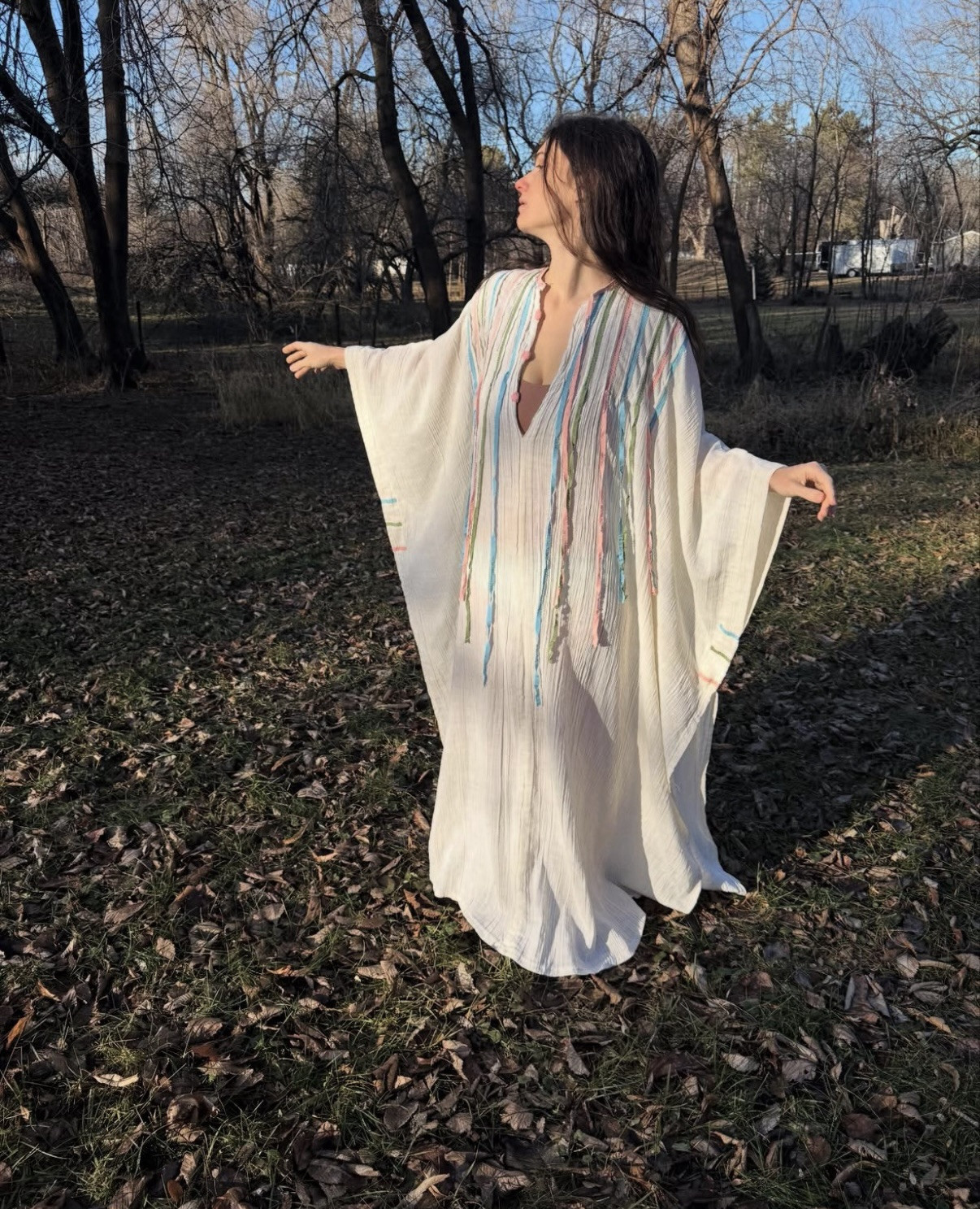 Vintage 1970s Cotton Gauze Ribbon Caftan Open Size