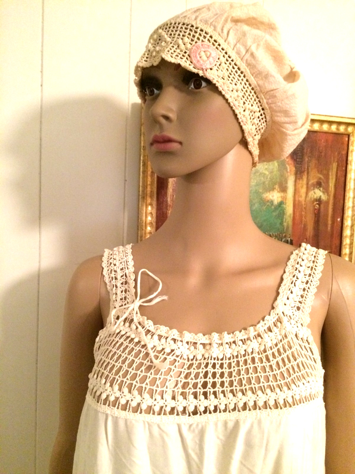 VTG Antique 1930-s Edwardian Nightlygown Crochet Bobbin Knit Cream Ecru Long S M
