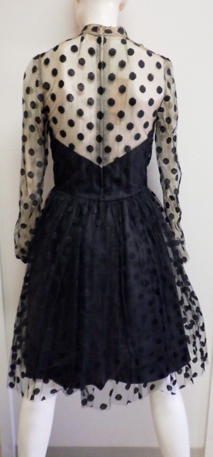 Tee-Ca of New York Vtg 1960s Black Dress Spotted Netting Prom Goth Cocktail Sz 6