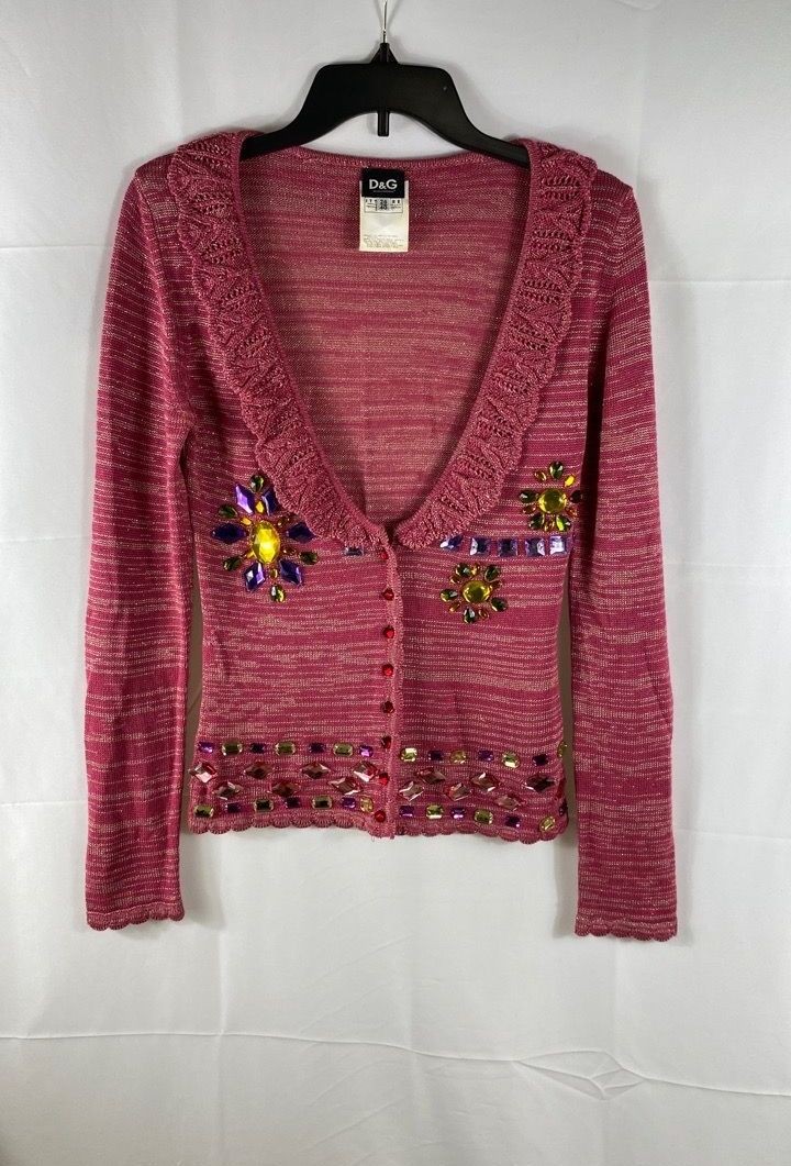 Vintage Y2K D&G Dolce & Gabbana Women’s Pink Embellished Ruffle Cardigan Sz 40