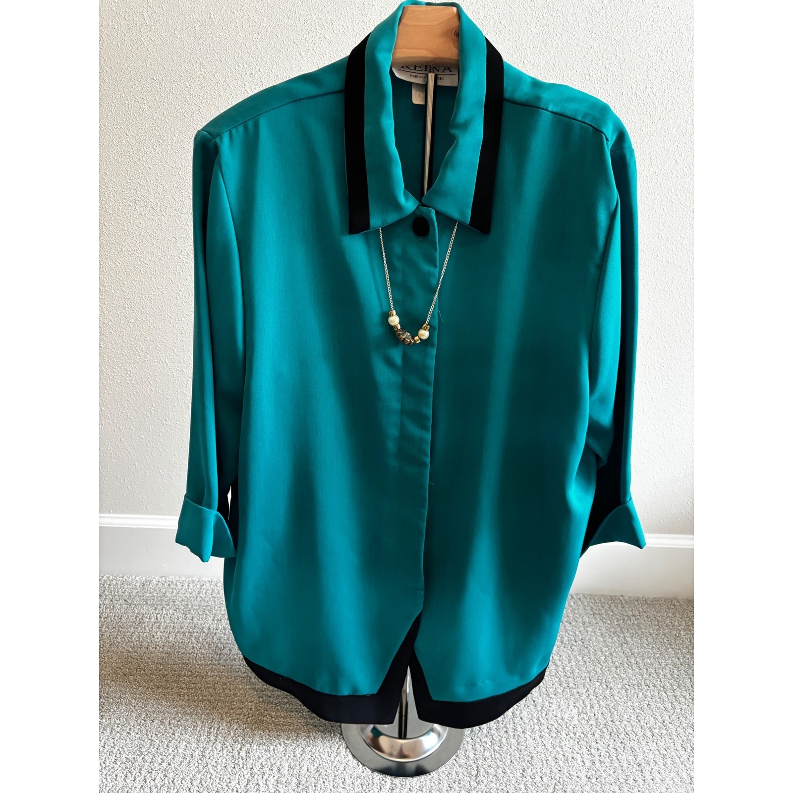 Vintage 90s Reina NY Colorblock Blouse L Teal Black Secretary Minimalist