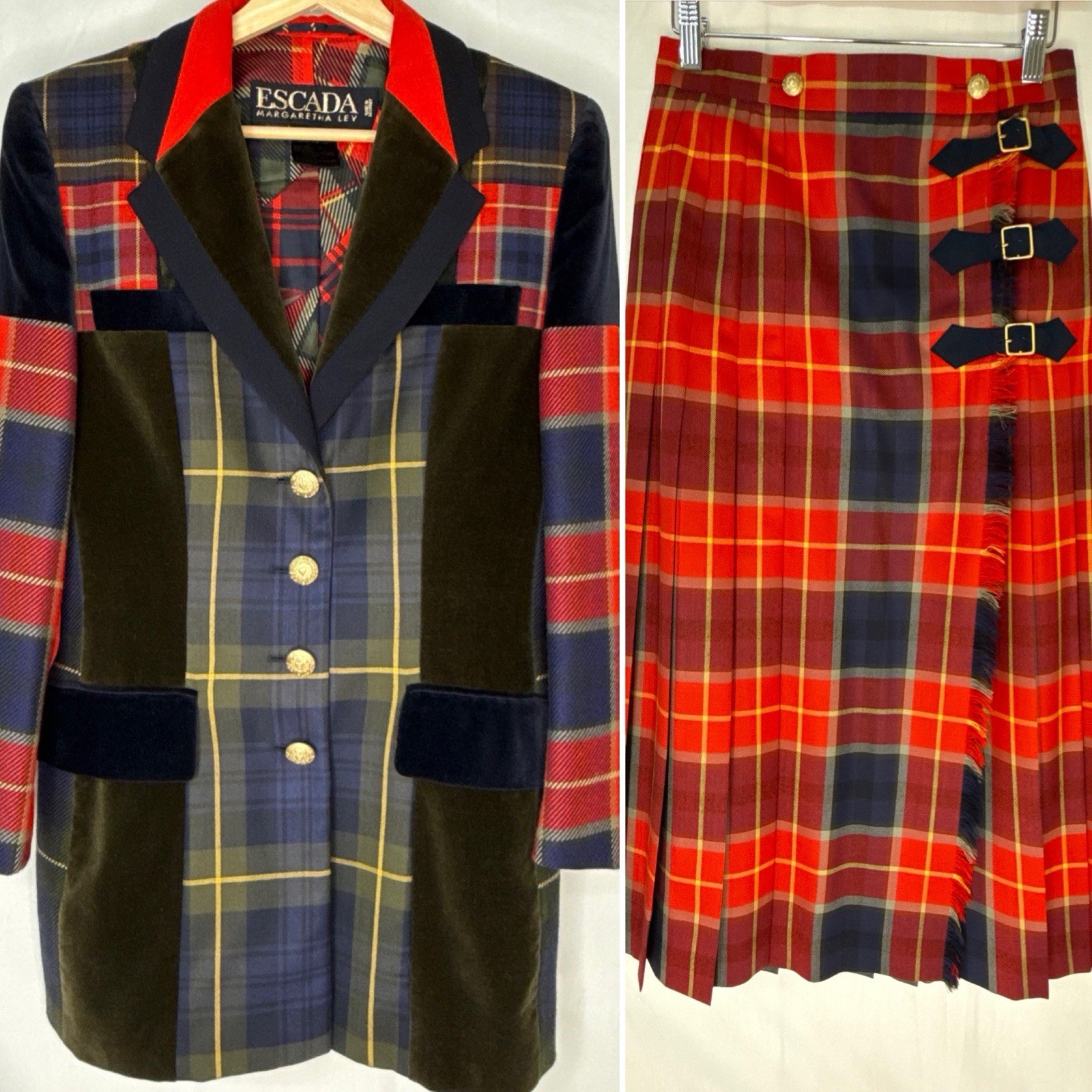 Vintage ESCADA Margaretha Ley Plaid Patchwork Wool Set Size 38