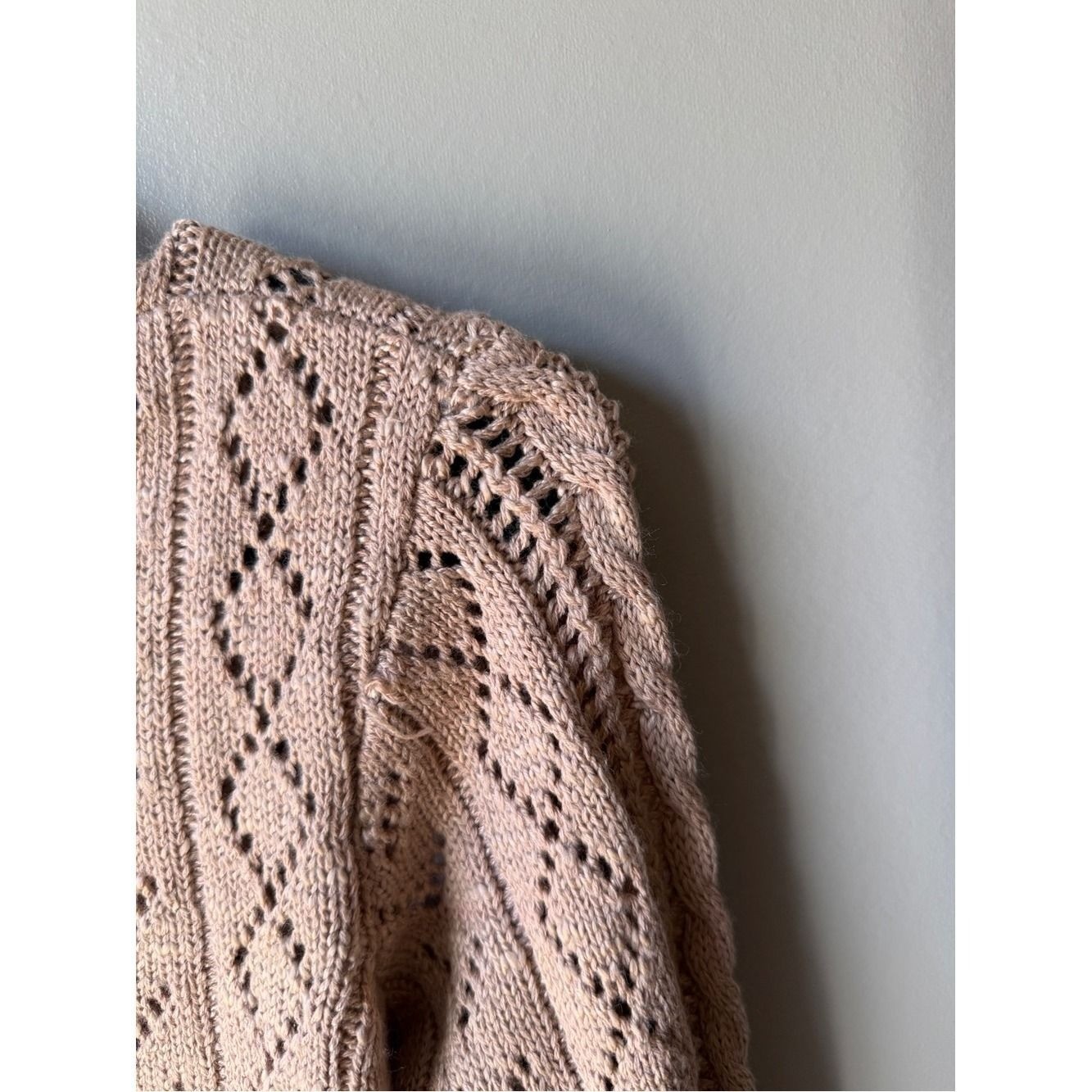 Boho Coquette Women’s Medium Pointelle Knit Lace-Up Sweater Blush Pink