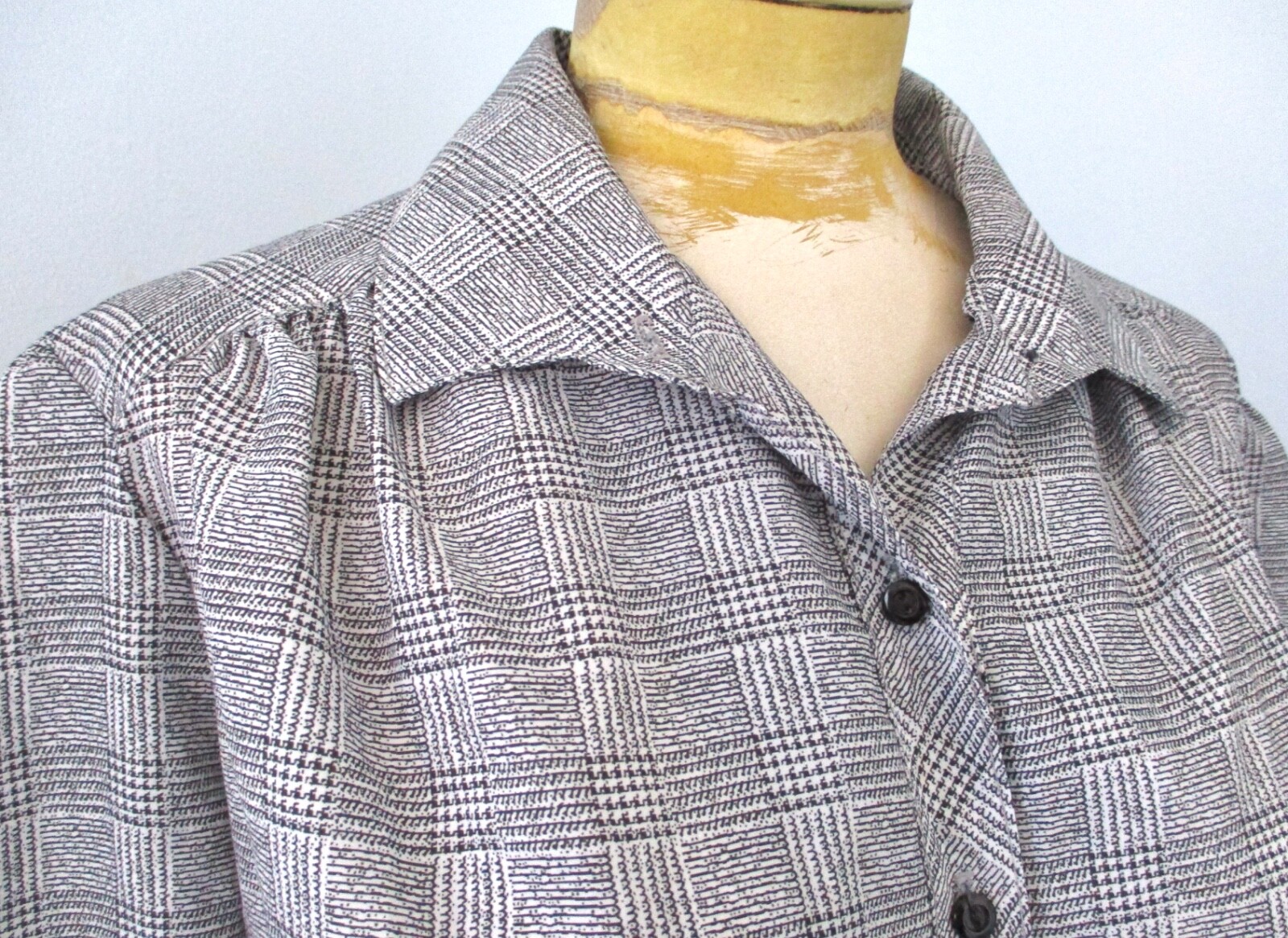Vtg 70s Walden Black White Checker Plaid Silky Poly Secretary Shirt Dress USA 18