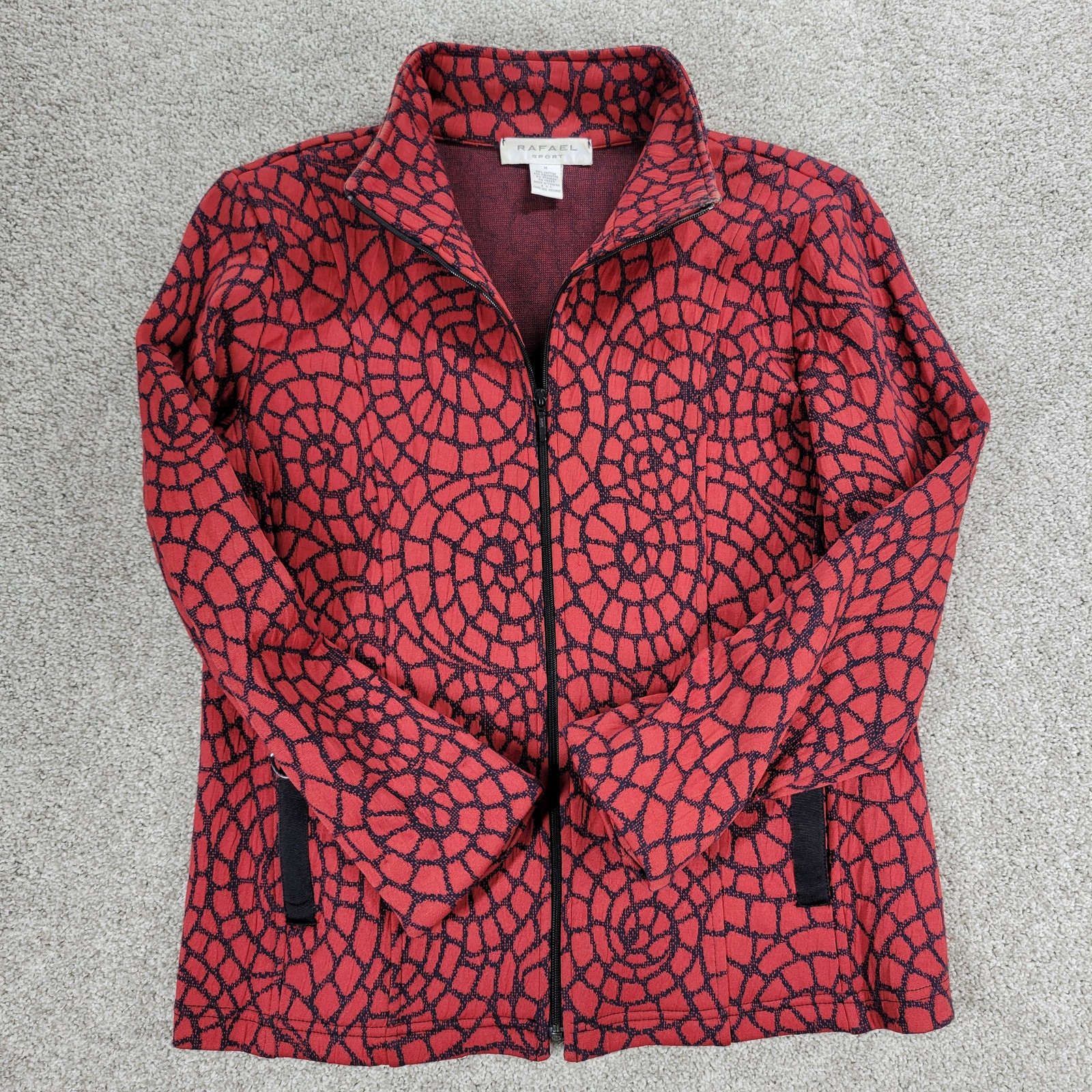 Vintage Rafael Sport Jacket Womens M Red Black Printed Zip Up High Neck Pockets