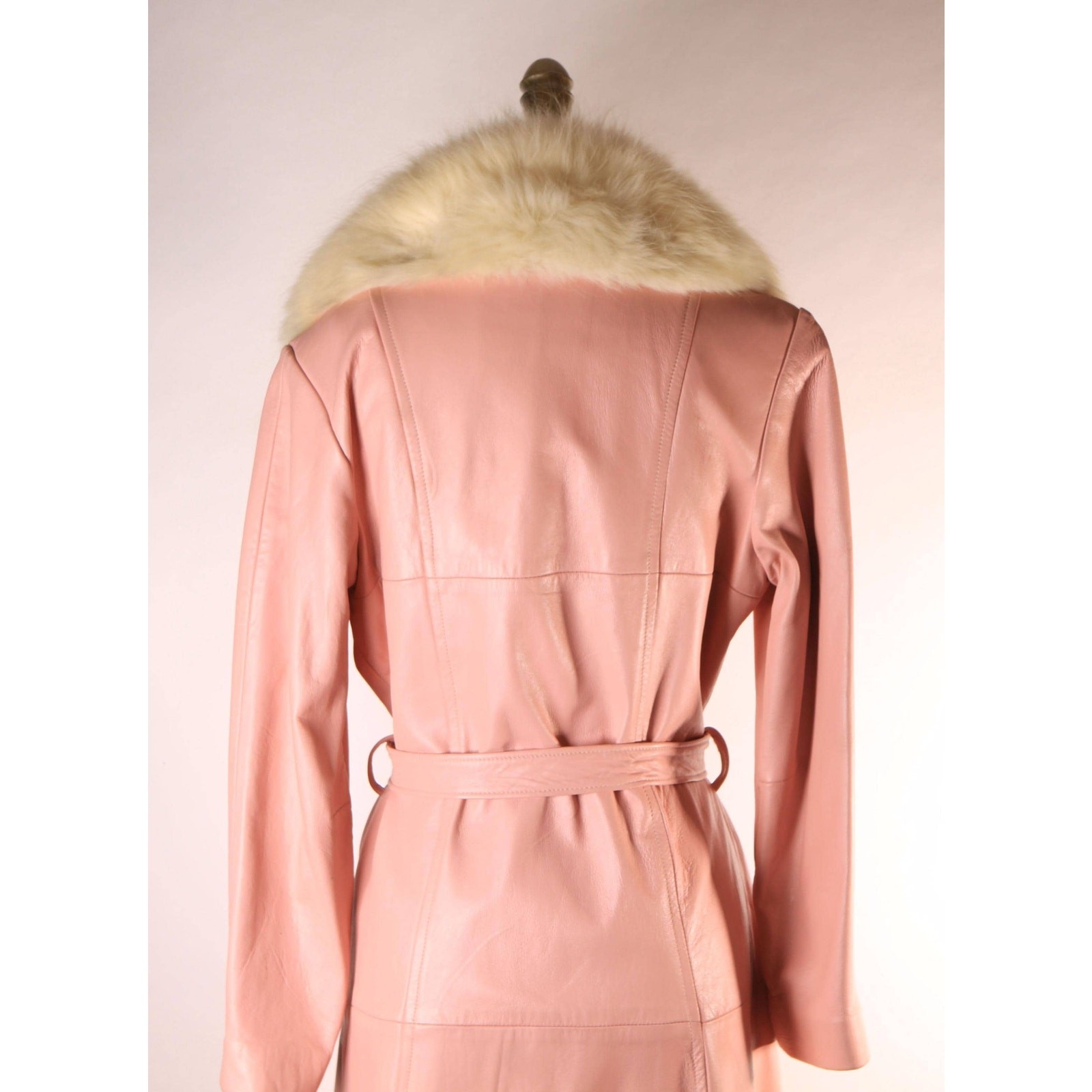 1970s Pink Leather Cream Fox Fur Trench Coat by New England Sportswear Company