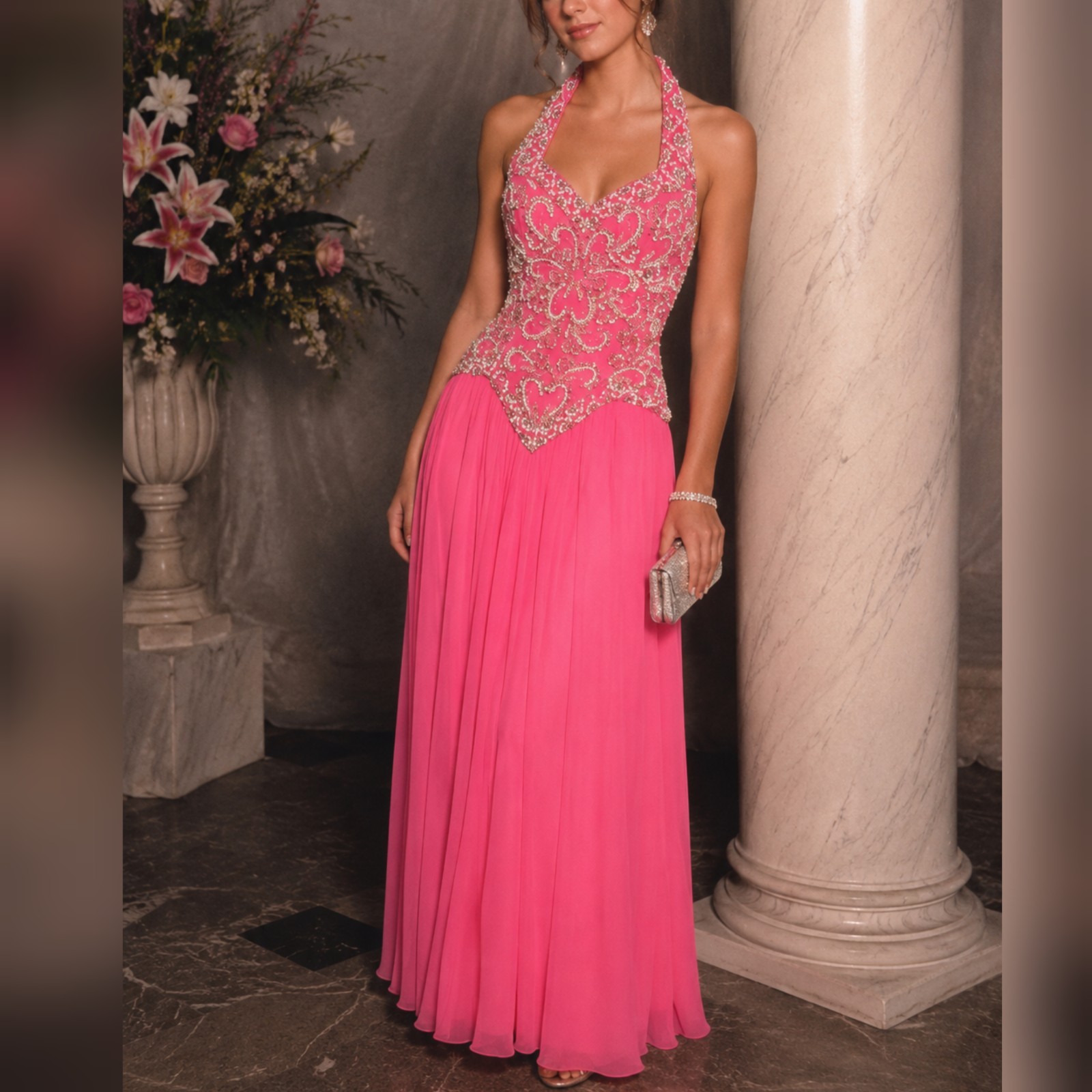 Mike Benet Vintage 1980s pink Chiffon Beaded Ball Gown Prom Dress sz 4