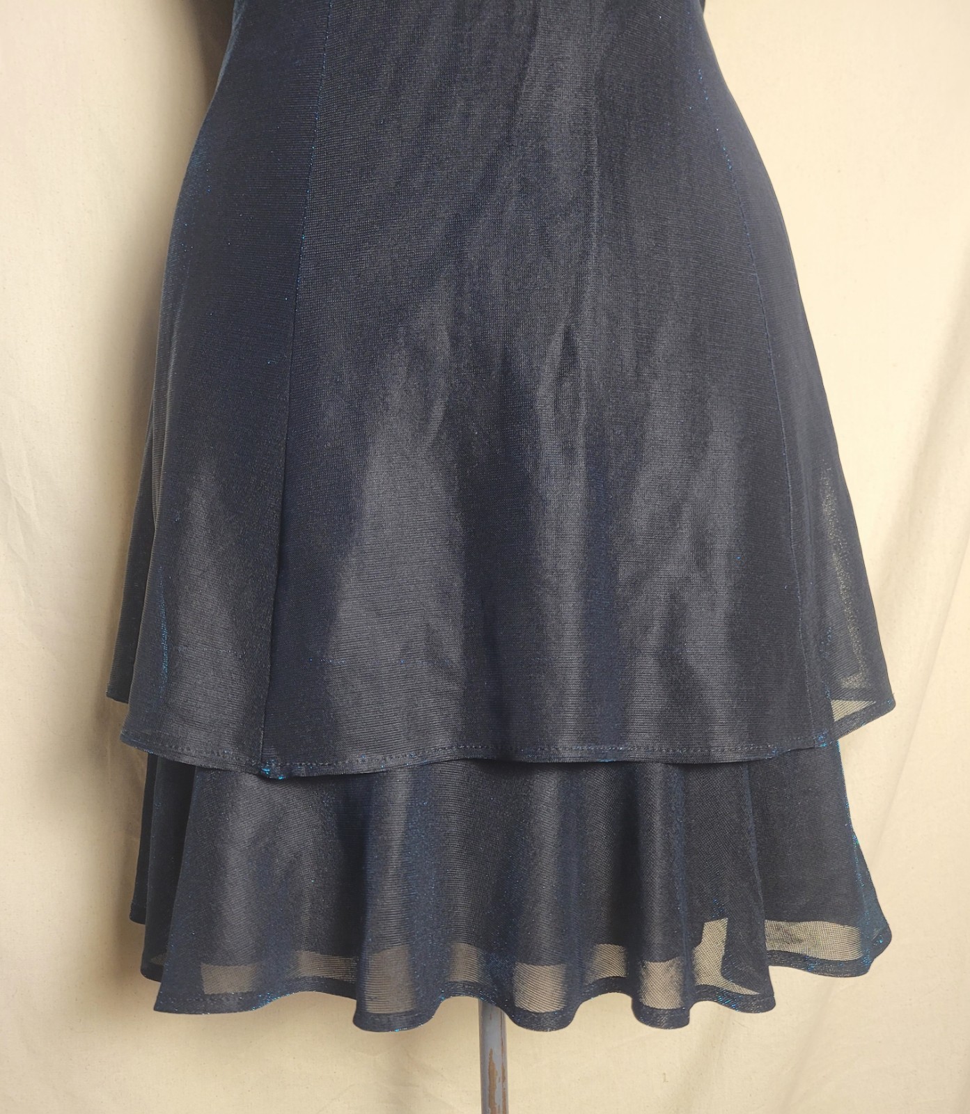 Vintage 70s 80s Blue Shiny Mini Dress Black Layered Party M/L Molly Malloy