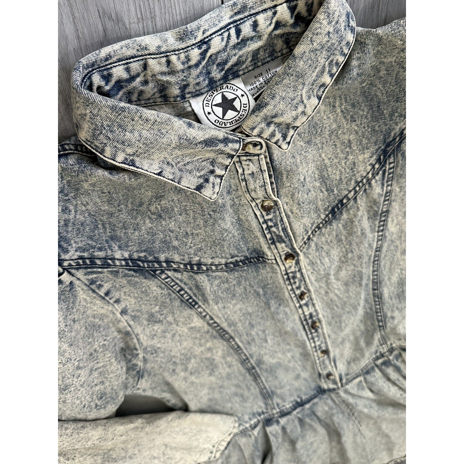 Vintage Desperado Acid Wash Denim Dress 80s Western Puff Sleeve Midi Blue Sz 11