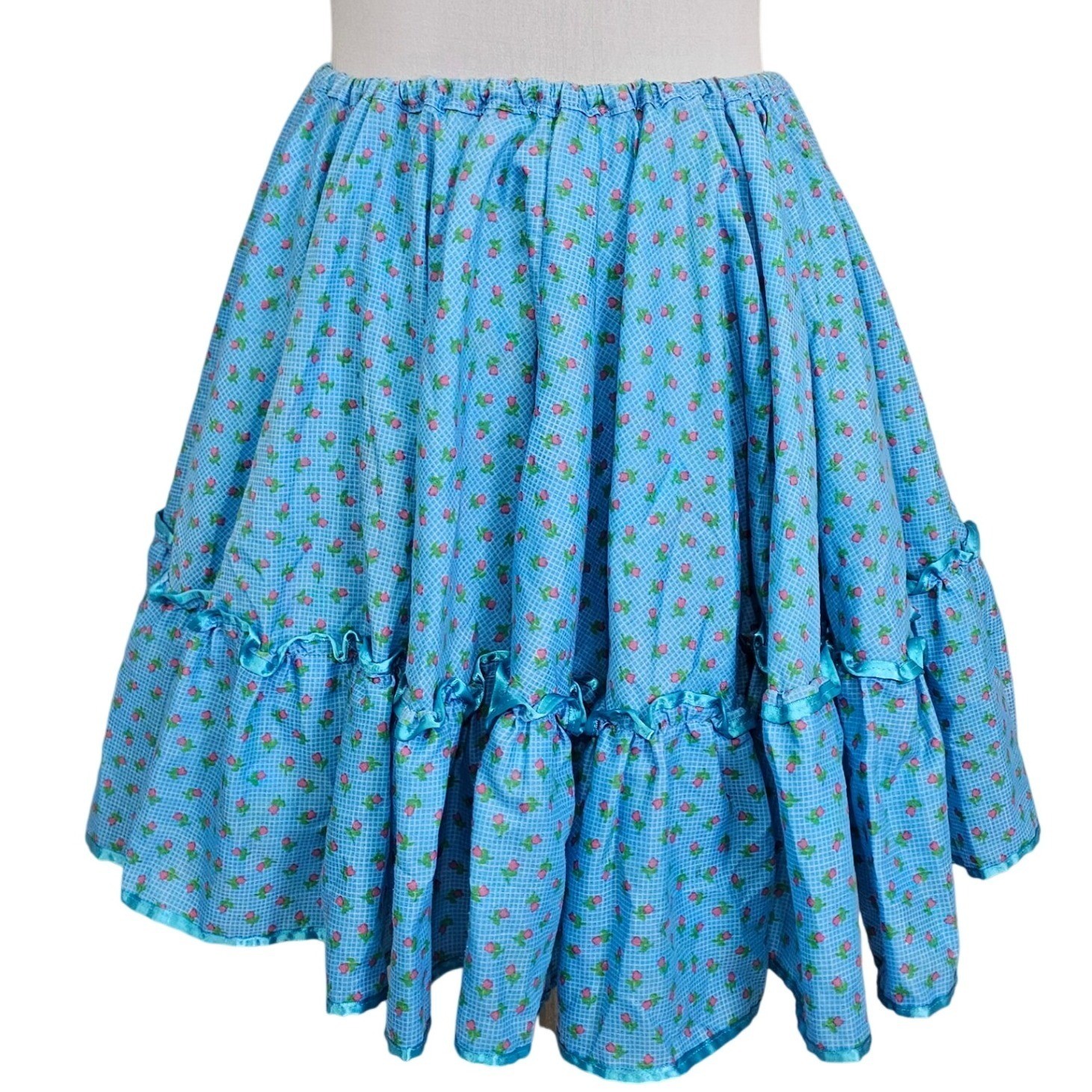 Vintage Handmade Blue Rosebud Circle Skirt Square Dance Cottagecore Prairie