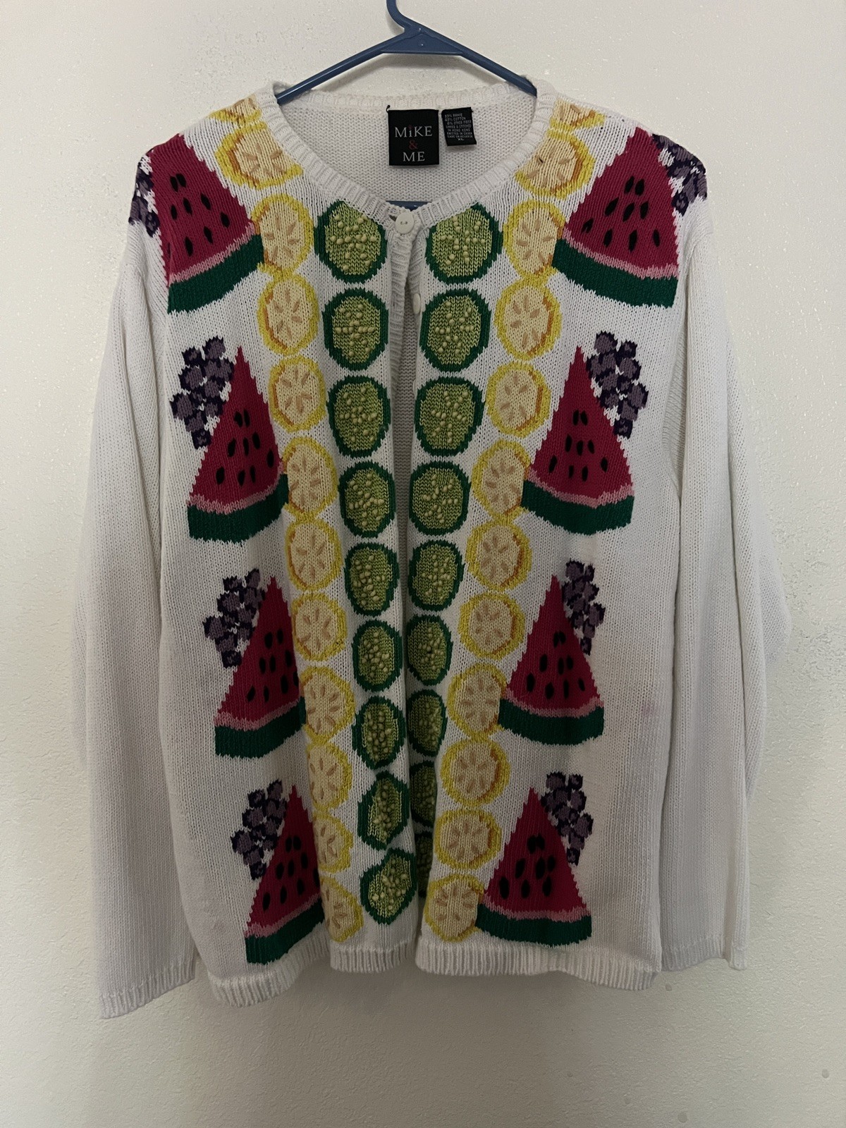 Vintage 80s Mike & Me Fruit Novelty Cardigan Sweater sz XL Lime Watermelon Lemon