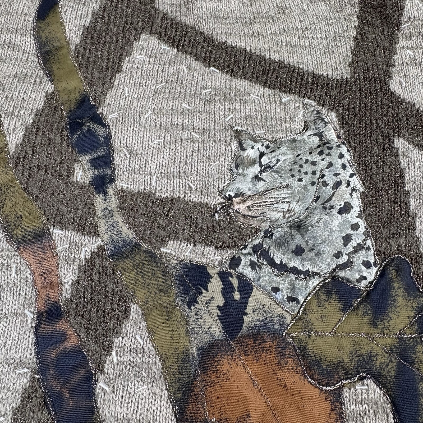 VTG 80s 90s Exotic Leopard Sweater Womens L Applique Novelty Whimsigoth Jungle
