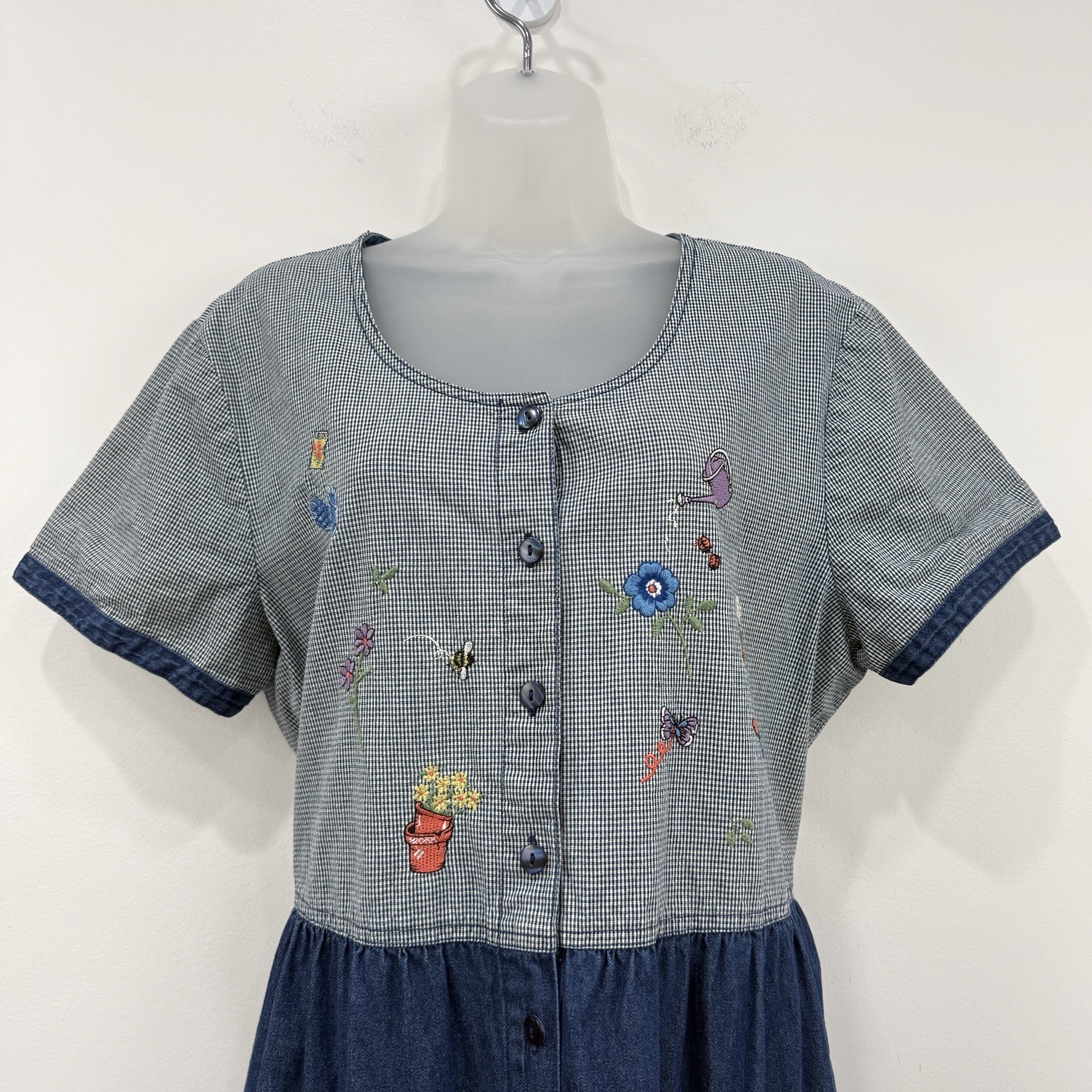 VTG 90s Bobbie Brooks Denim Dress XL Garden Gingham Cottage Country Teacher Maxi