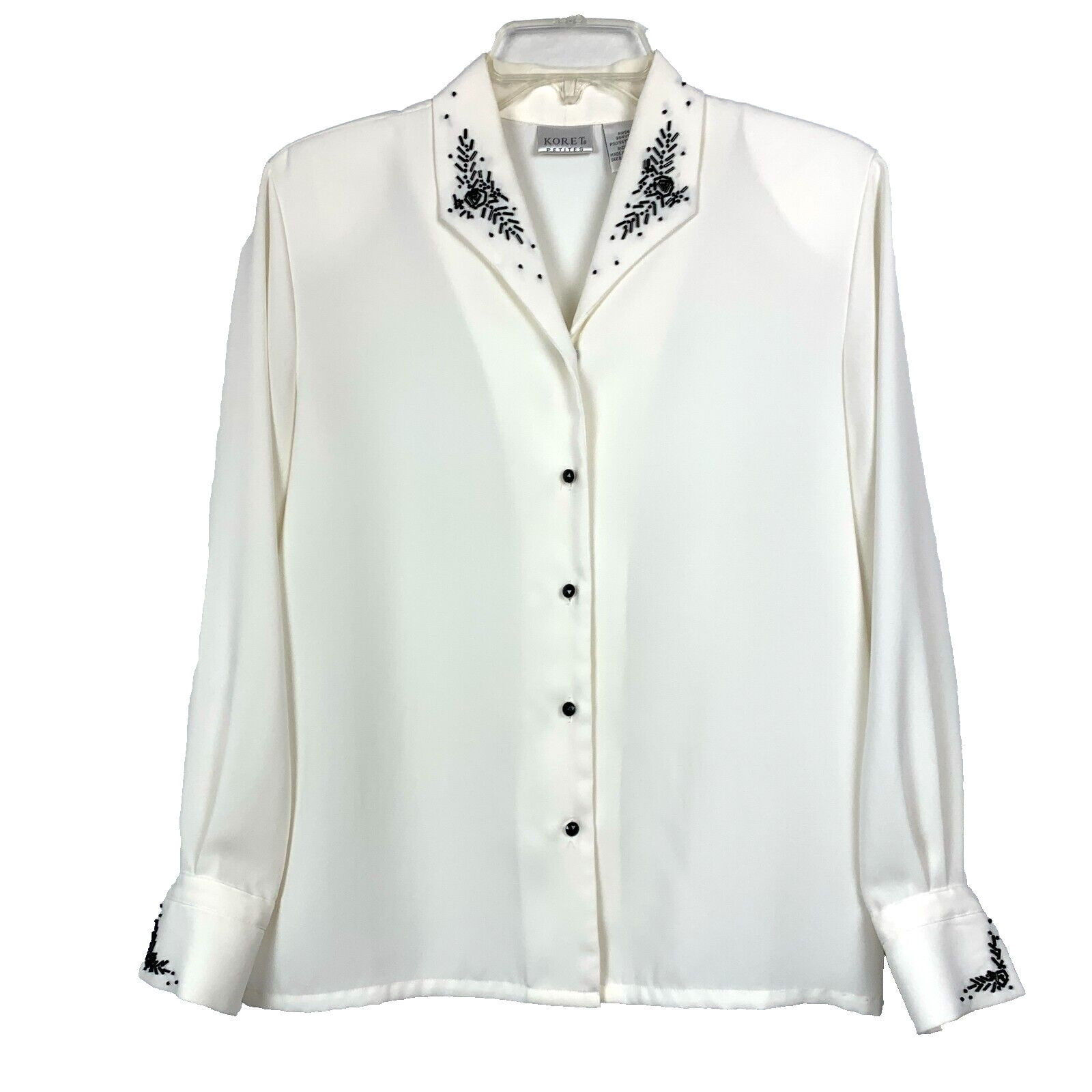 Vintage Koret Petites Cream Black Beaded Button Up Dress Shirt Womens 10 Petite