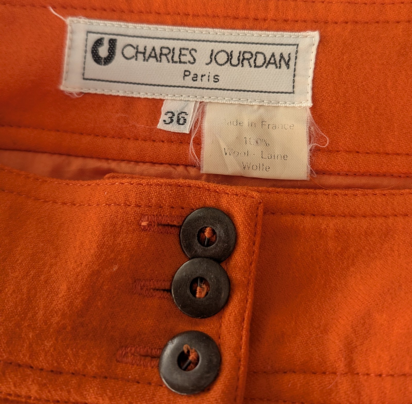 Vintage Charles Jourdan Paris Orange Wool Pencil Skirt Pockets 36 XS