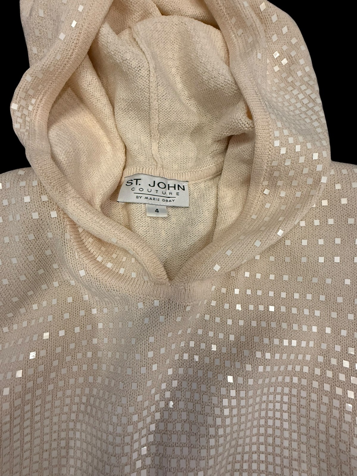 Vintage St. John Couture Marie Gray Blush Peach Sz 4 Sequined Sweater Hoodie Top