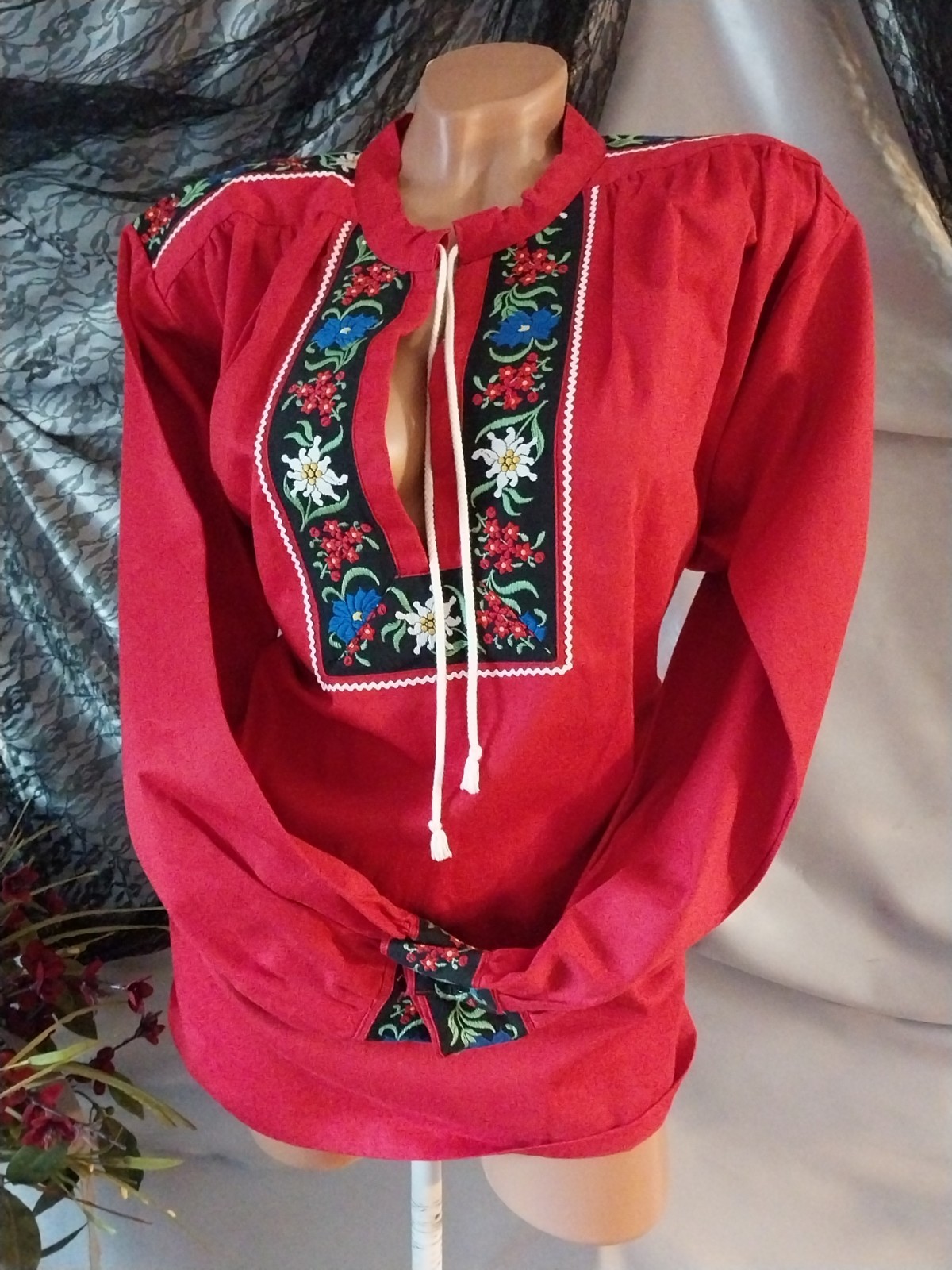 vtg MORNING GLORY FLOWER Embd Festival Mexican boho Ethnic Long Slv Blouse 44