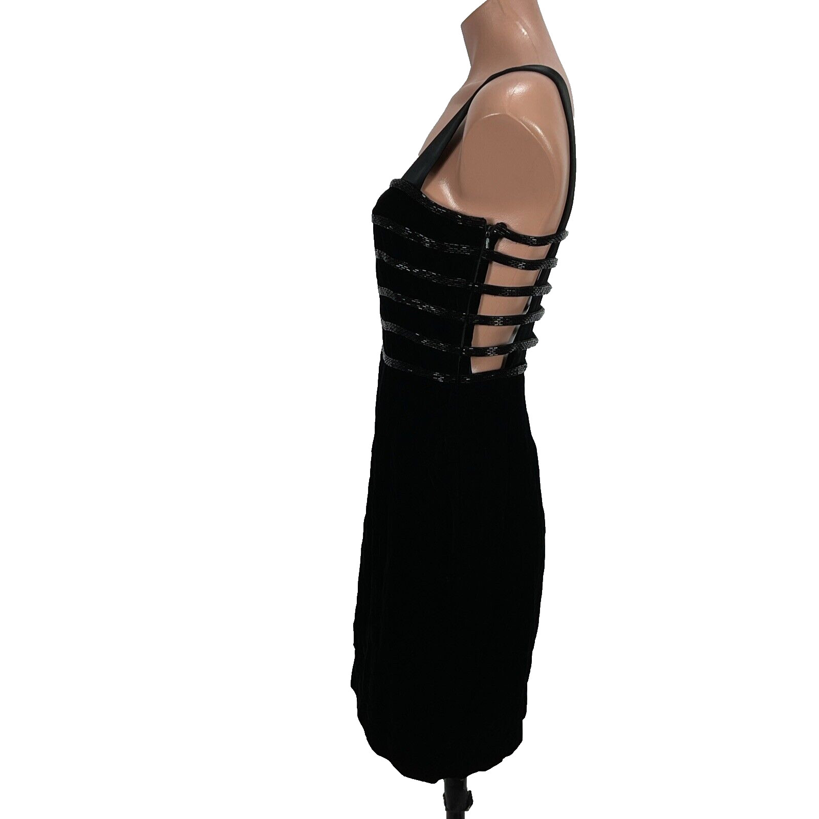 Vtg Nite Line Della Roufogali Beaded Strappy Black Velvet Dress Caged 4 90s