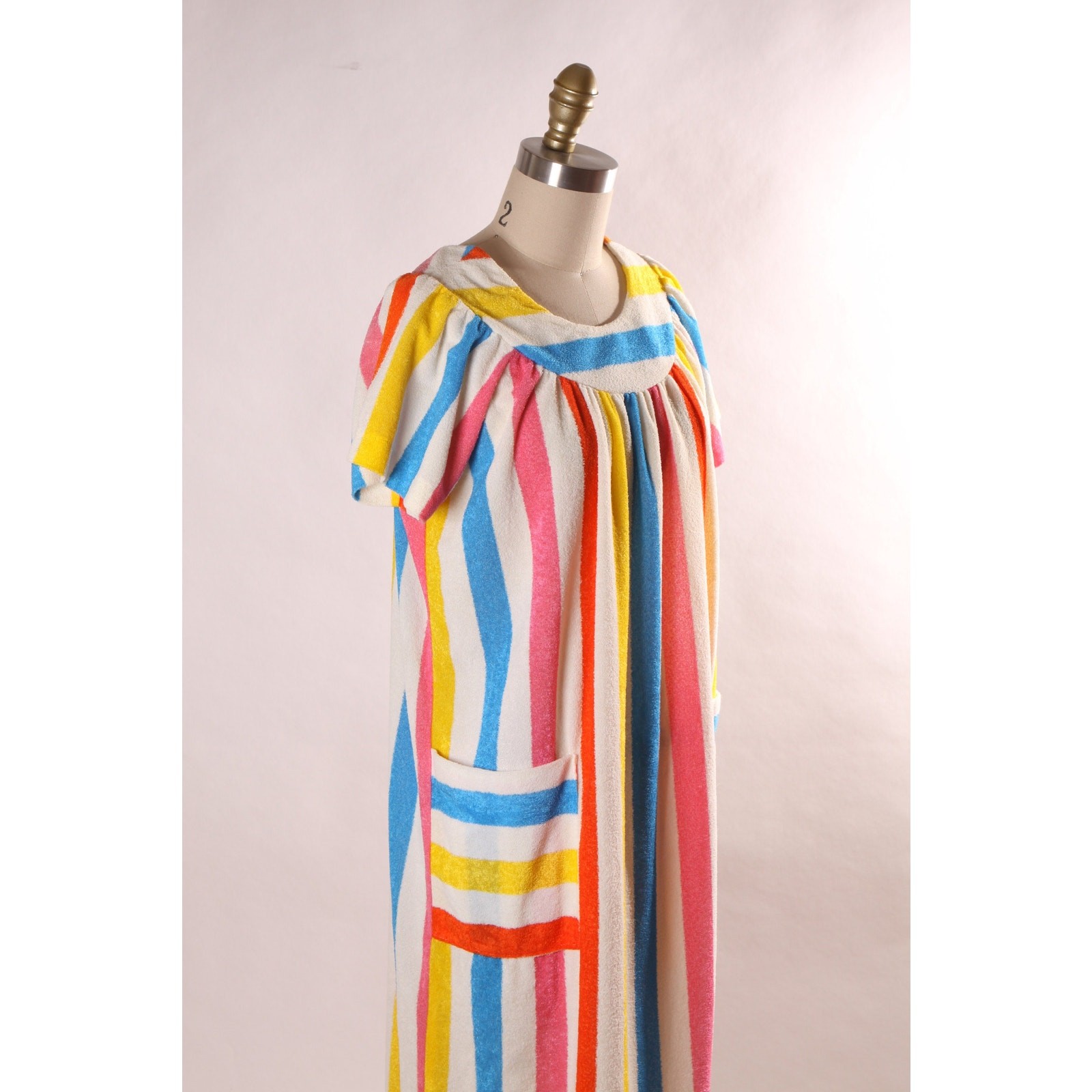 1970s White and Rainbow Striped Short Sleeve Pocketed Ankle Length Dress-S
