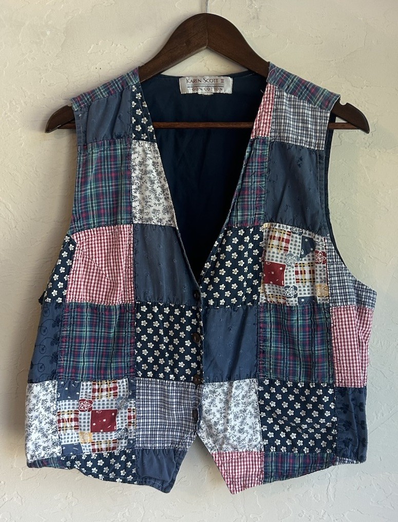 Vintage Karen Scott Patchwork Vest L XL Button Cottagecore Retro Country Boho